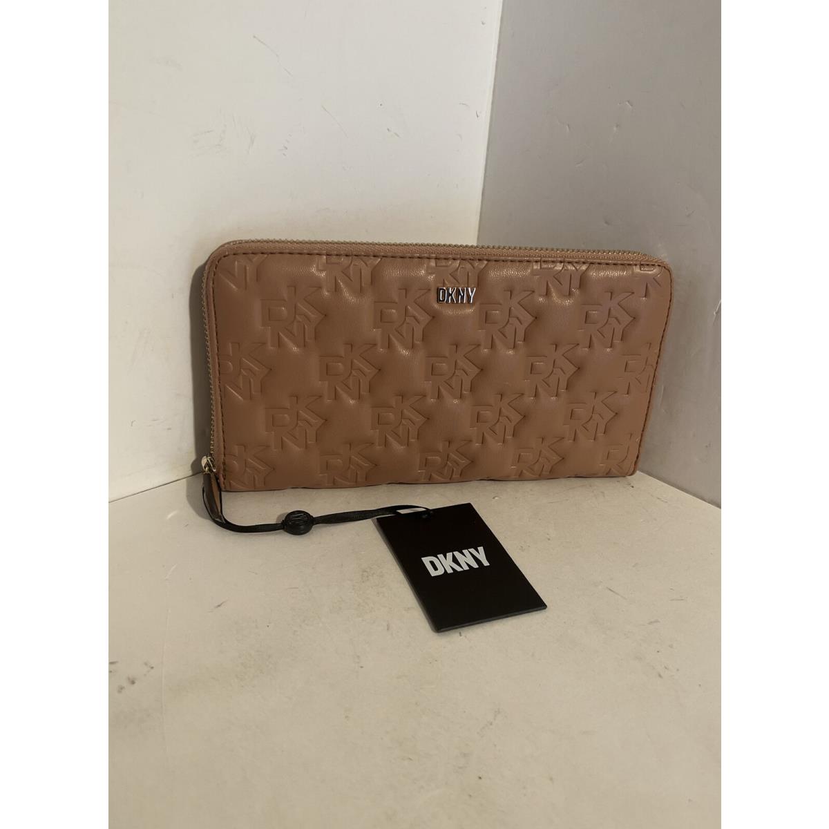 Dkny Vela Cashew Color Leather Embossed Logo Large Zip Around Wallet