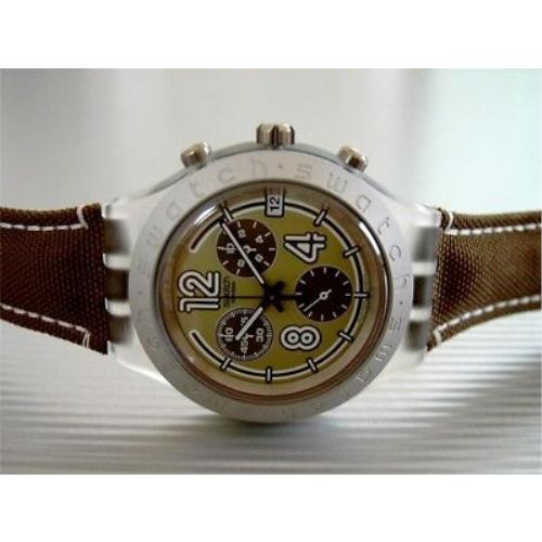 Jungle Wind Swatch Diaphane Irony Chrono w Leather Band Glow Tips Date-nib