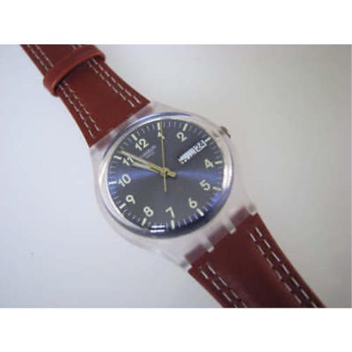 Windy Dune Blue Dial Swatch w Day/date Glow Hands Brown Leather Band-nib