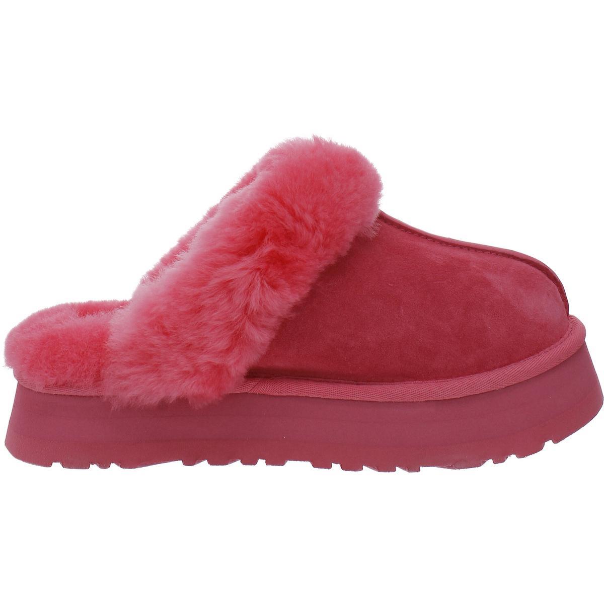 Ugg Disquette Women`s Leather Fur Lined Chunky Slide Slippers - Pink Glow