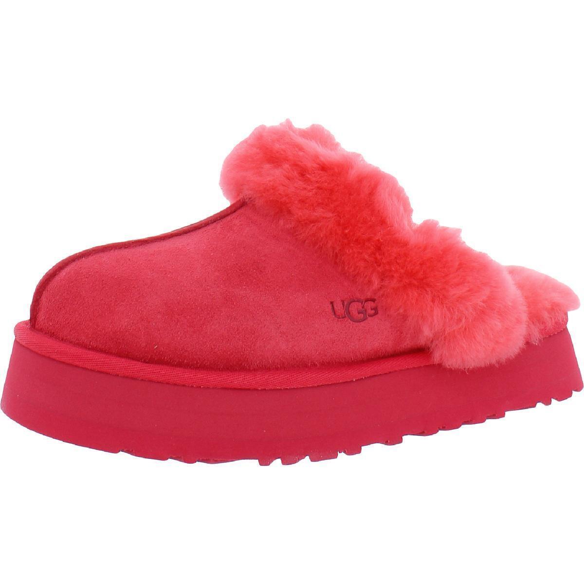 Ugg Disquette Women`s Leather Fur Lined Chunky Slide Slippers - Pink Glow