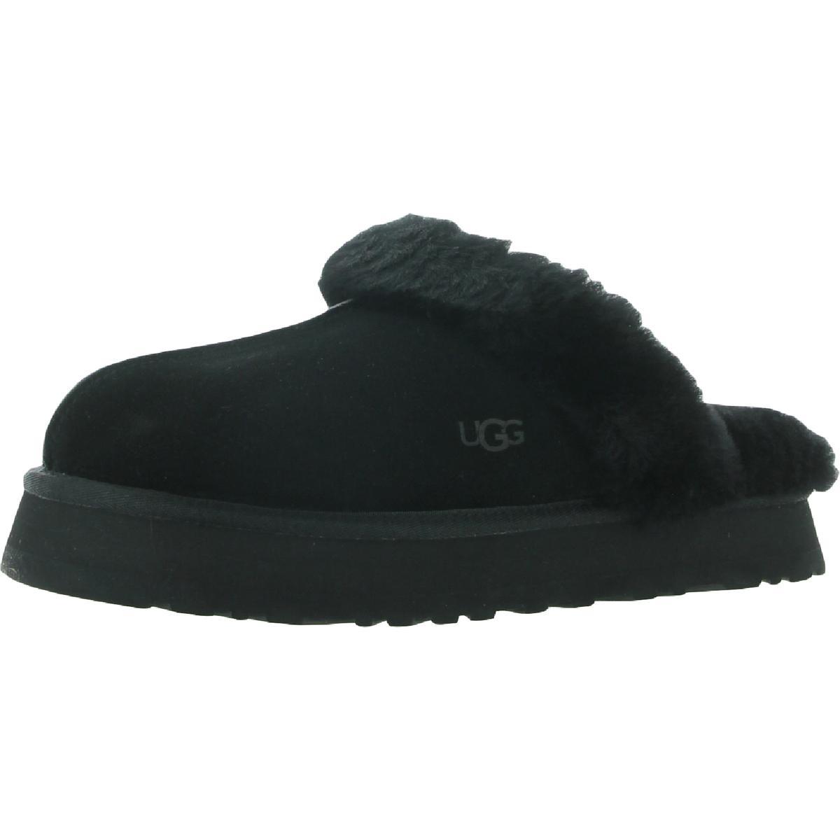 Ugg Disquette Women`s Leather Fur Lined Chunky Slide Slippers Black