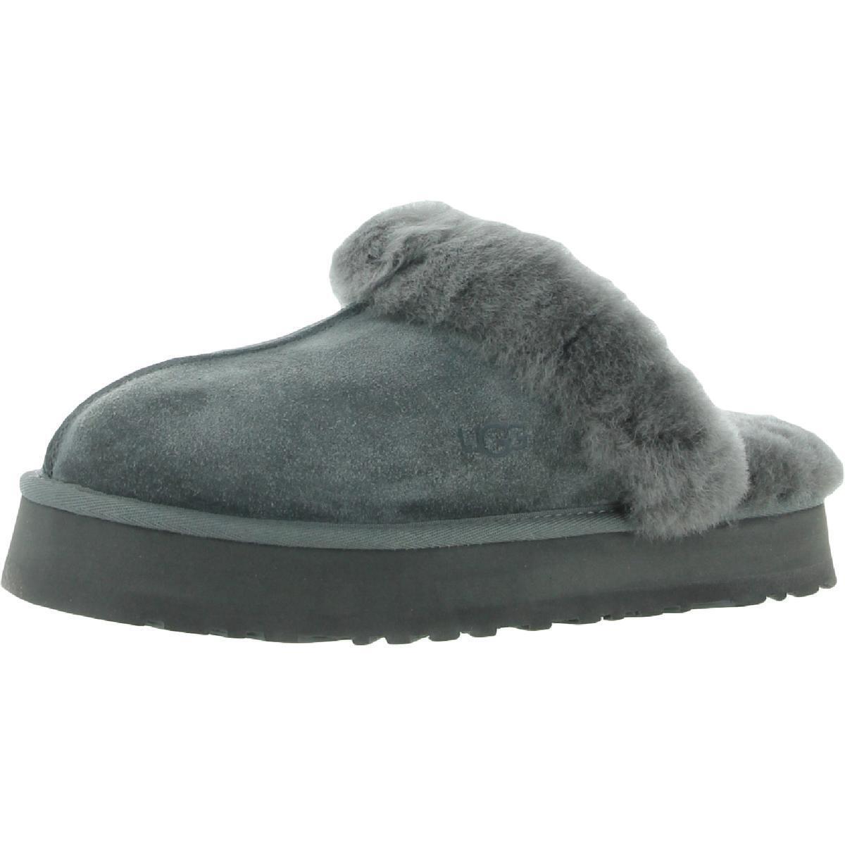 Ugg Disquette Women`s Leather Fur Lined Chunky Slide Slippers Charcoal