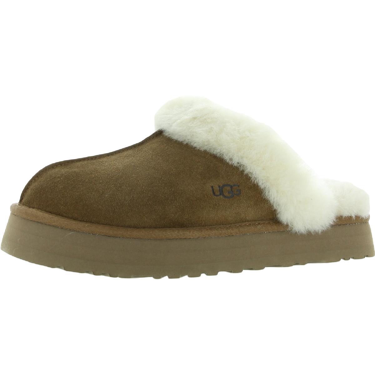 Ugg Disquette Women`s Leather Fur Lined Chunky Slide Slippers Chestnut