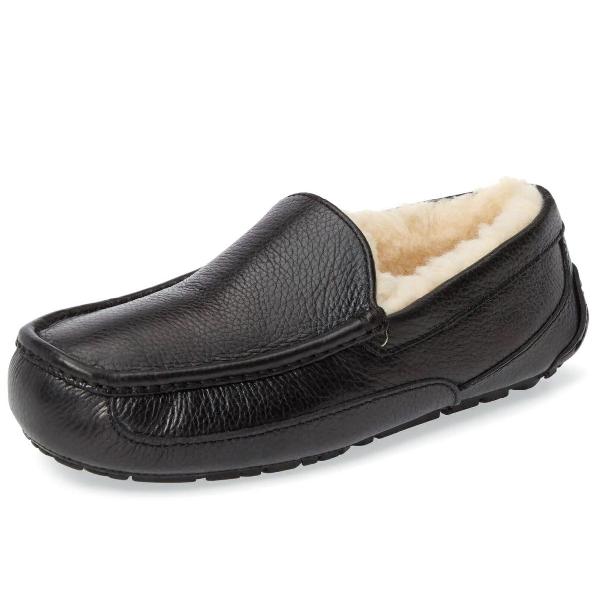 Ugg Men`s Ascot Wool Lined Leather Slippers Moccasin Loafers Shoes Black Size 12