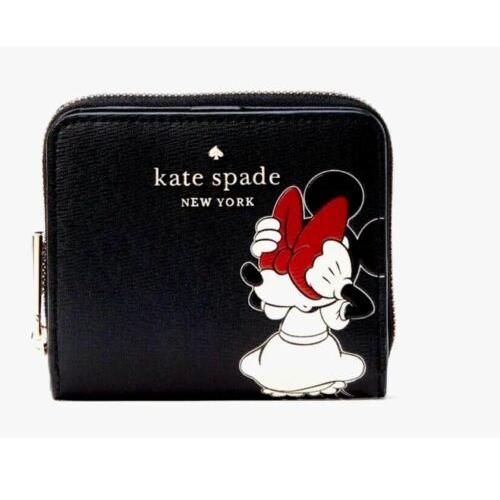 New Kate Spade Disney X Minnie Small Zip Around Wallet Leather Black Multi