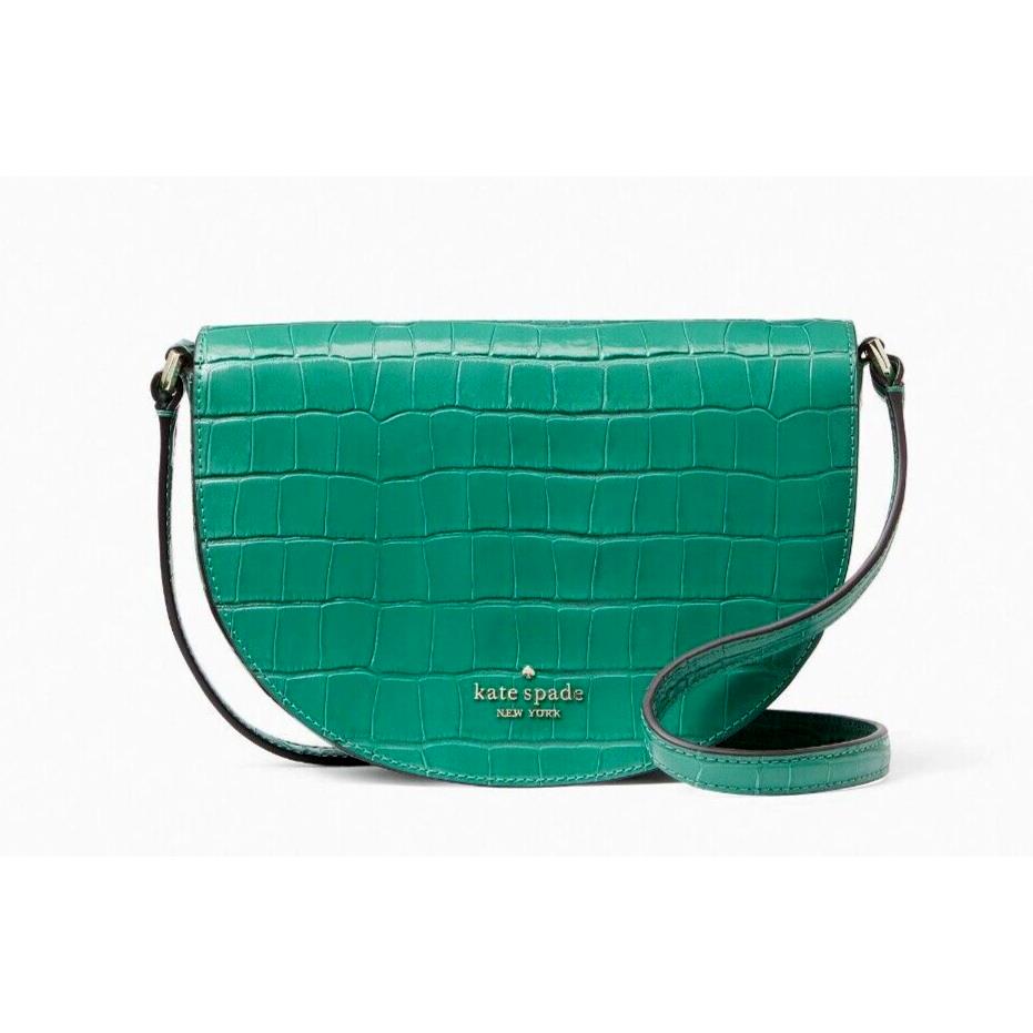 New Kate Spade Luna Crescent Crossbody Croco Embossed Leather Woodland Green