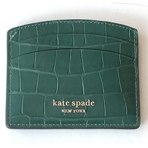 Kate Spade Spencer Card Case Womens Green Leather Croc Embossed Slim Wallet