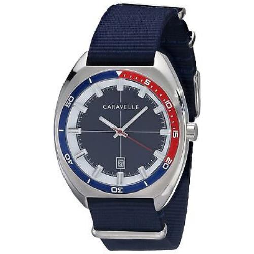 by Bulova Retro Quartz Mens Watch Stainless Steel with Blue Nylon Strap - Dial: Gray, Blue, Black, Band: Blue, Bezel: Red, Blue
