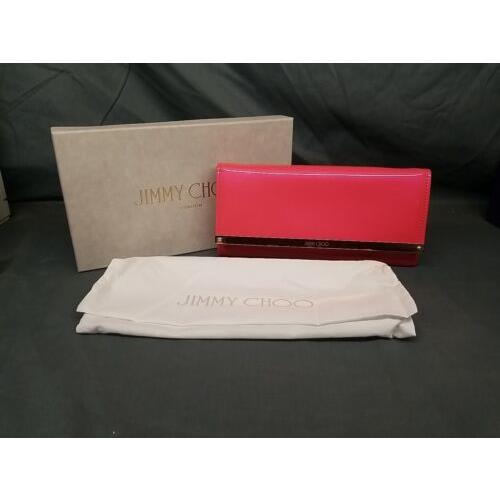 Jimmy Choo Milla Clutch Patent Leather Neon Geranium Gold OG Coa