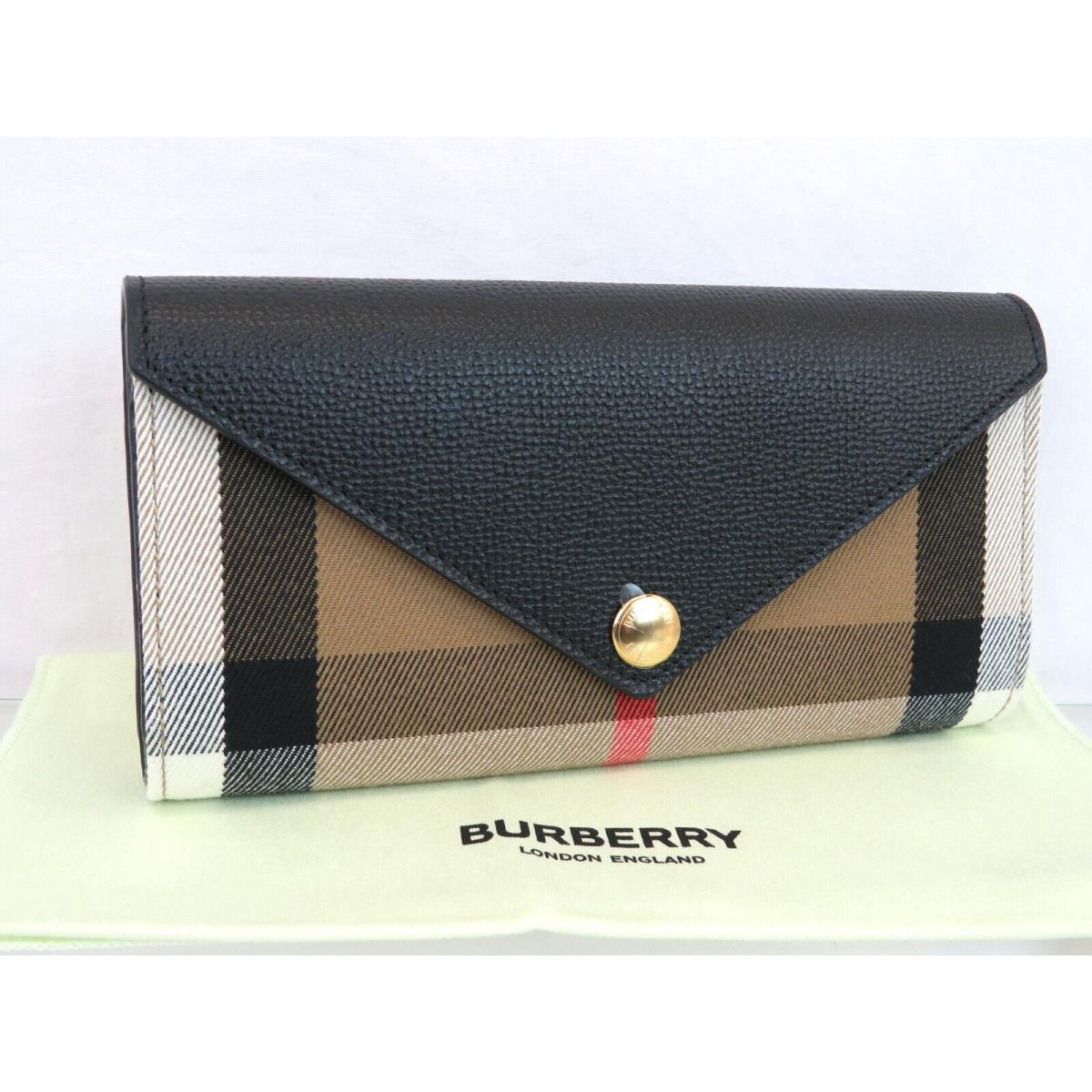 Burberry Halton Black Leather Check Canvas Flap Clutch Continental Wallet