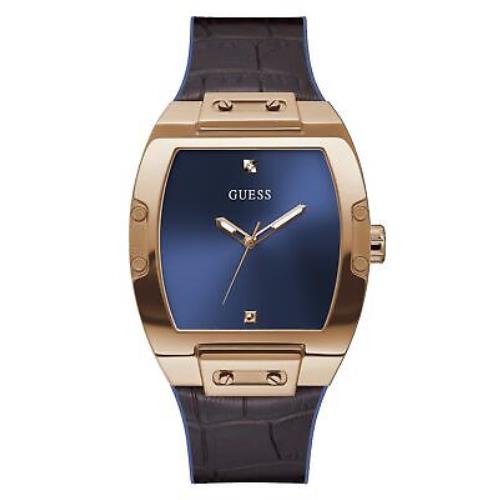 Guess Men`s Trend Casual Tonneau Diamond 43mm Watch Blue Dial Rose Gold