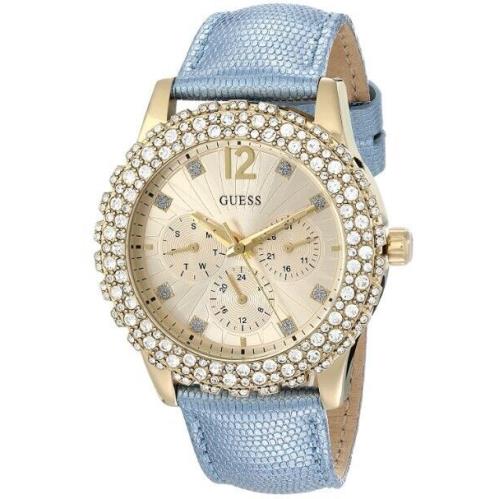 Guess Blue Leather Strap Gem-set Bezel 39mm Women`s Watch U0336L6