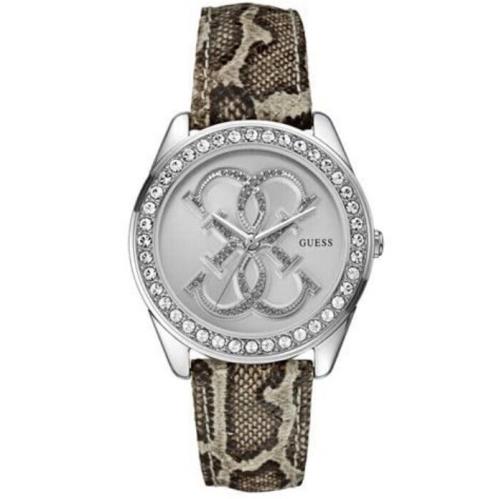 Guess Serpent Print Leather Band Silver Tone Gem-set Bezel Ladies Watch U0208L8