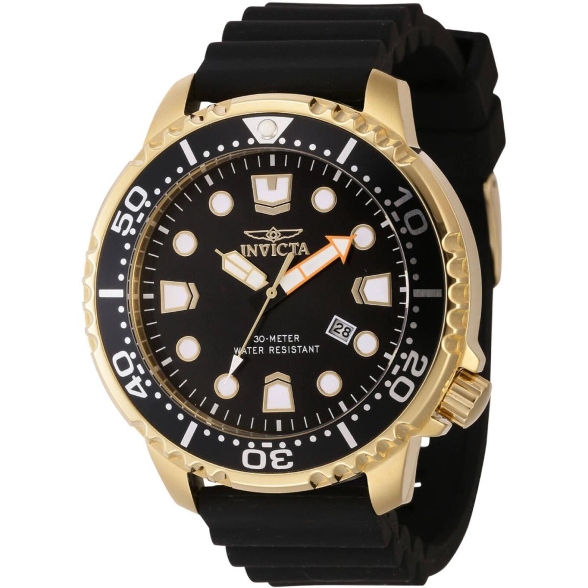 Invicta Men`s Watch Pro Diver Yellow Gold Case Black Dial Silicone Strap 44833