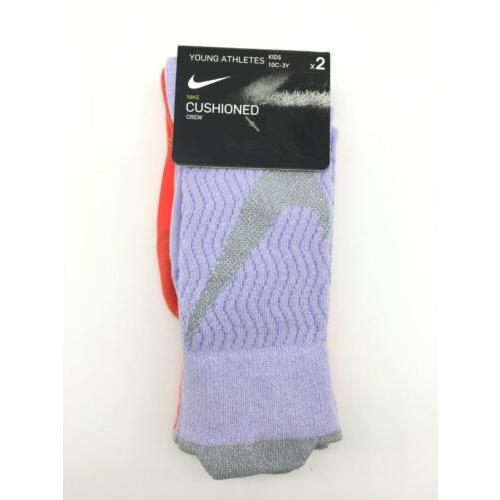 Nike Young Athletes 2 Pack Cushioned Crew Socks Kids Size 10C-3Y Pink Purple