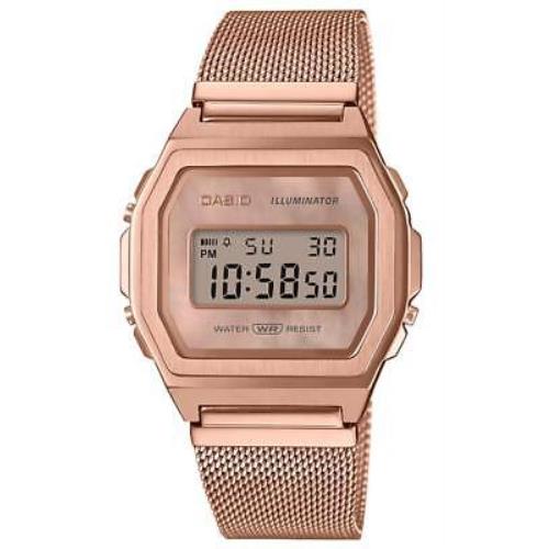Casio A1000MPG-9VT Vintage Iconic Rose Gold Tone Mesh Band Alarm Chronograph