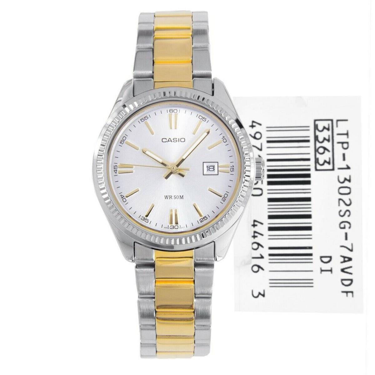 Casio Enticer Women`s White Dial Two Tone Analog Wrist Watch LTP-1302SG-7AVDF - Dial: Silver, Band: Silver, Gold