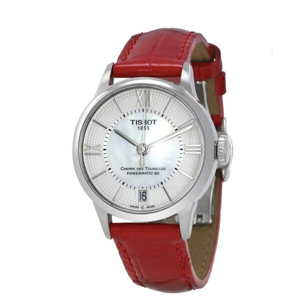 Tissot Chemin Des Tourelles Automatic Ladies Red Strap Watch T099.207.16.118.0 - Dial: Mother Of Pearl, Band: Red, Bezel: Silver