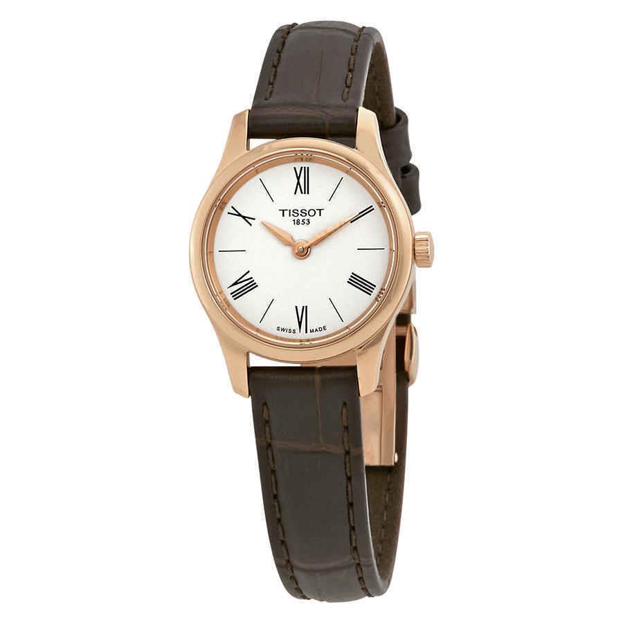 Tissot Tradition Thin White Dial Ladies Leather Watch T0630093601800 - Dial: White, Band: Brown, Bezel: Pink