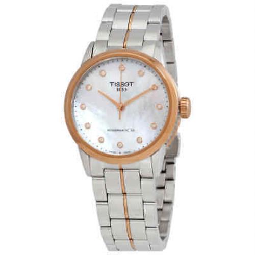 Tissot Luxury Automatic Diamond White Mop Dial Ladies Watch T086.207.22.116.00 - Dial: White, Band: Silver, Gold, Bezel: Gold