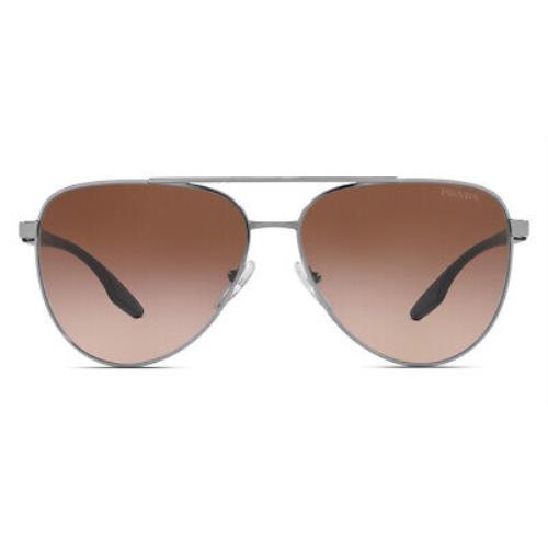 Prada 0PS 52WS Sunglasses Men Silver Aviator 61mm - Frame: Silver, Lens: Brown Gradient, Model: Gunmetal
