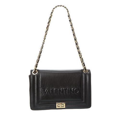 Valentino Women`s Black Solid Chain Embossed Logo Double Flat Strap Shoulder Bag