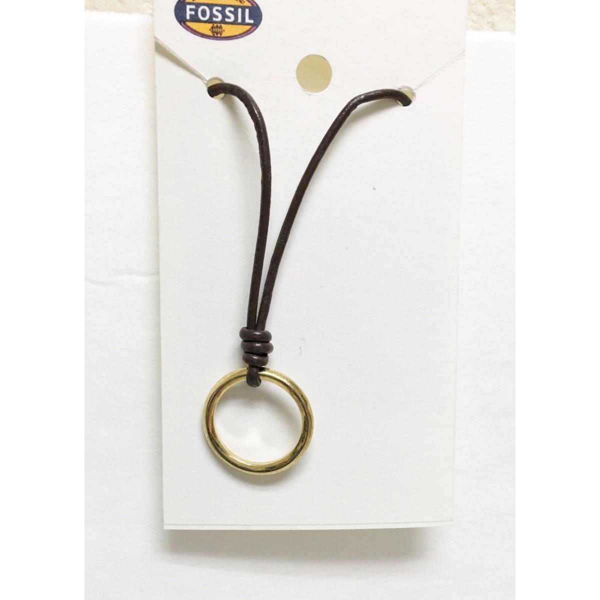 Fossil Gold Tone Hoop Ring Circle+brown Leather Cord NECKLACE-JOA00024710