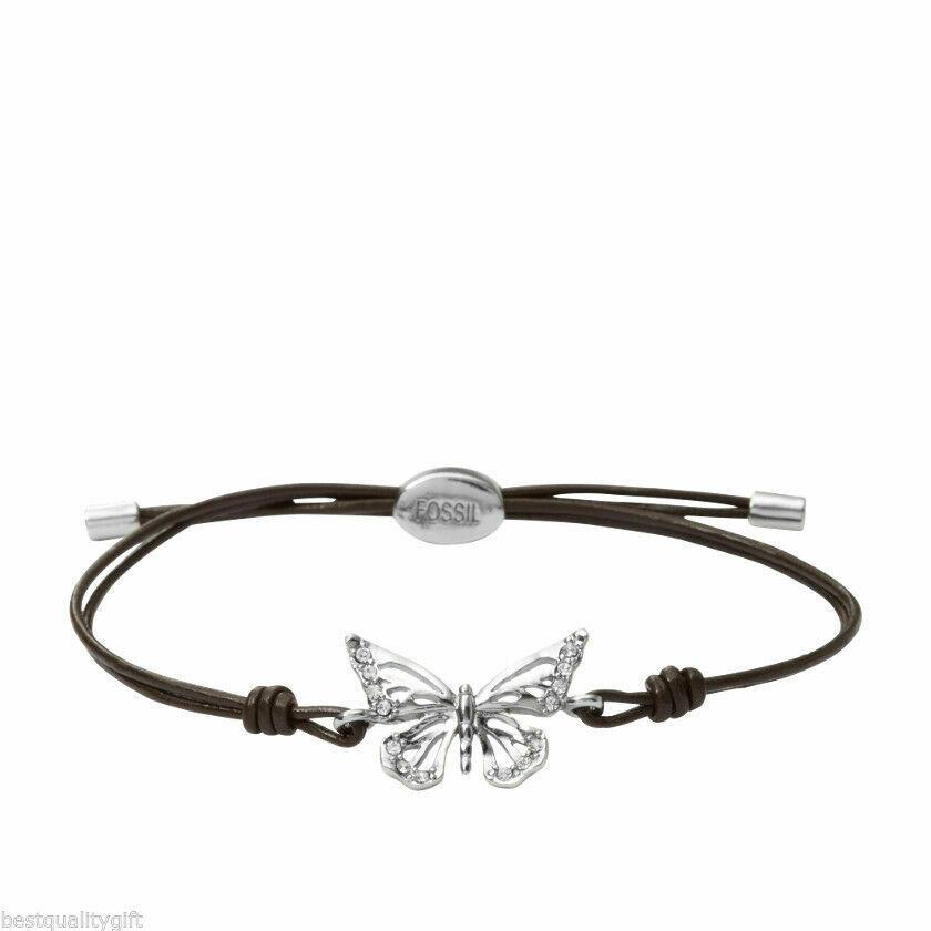 Fossil Silver Tone Crystals Butterfly Black Leather Cord BRACELET-JA5882040
