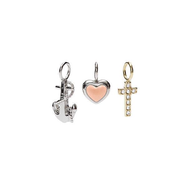New-fossil Silver+gold Tone Cross+anchor+heart Crystal Charm PENDANT-JF01780P