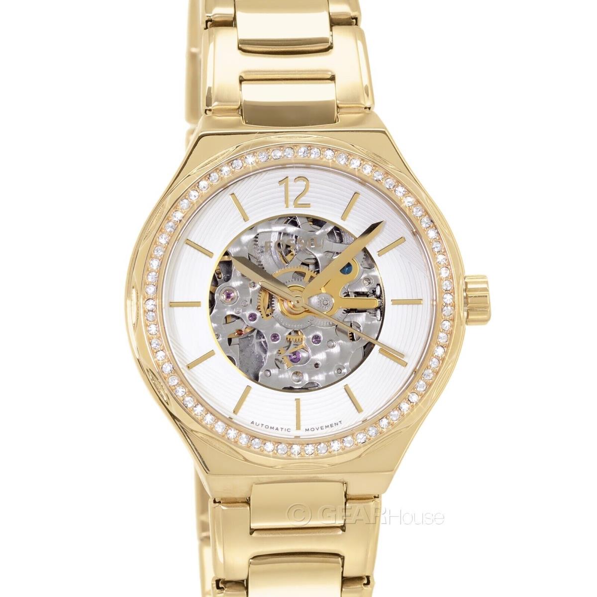 Fossil Eevie Womens Gold Automatic Watch White Skeleton Dial Glitz Crystals