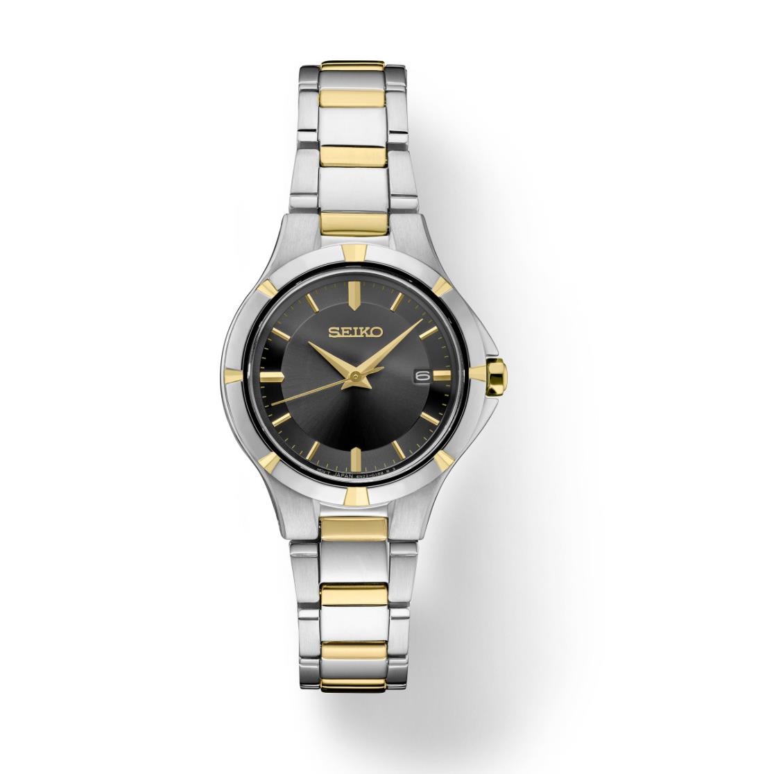 Seiko SUR414 Essentials 27.4 mm Two Tone Black Dial Date Quartz Women`s Watch - Dial: Black, Band: Gold, Silver, Bezel: Gold, Silver