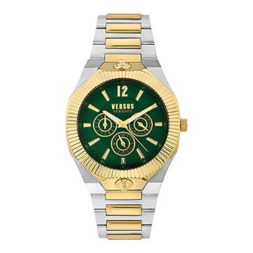 Versus Versace Mens Echo Park Multifunction Two Tone 42mm Bracelet Fashion Watch - Dial: Green, Band: Silver, Bezel: Green