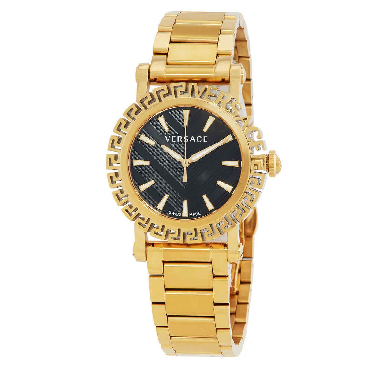 Versace Greca Glam Quartz Black Dial Men`s Watch VE6D00323 - Dial: Black, Band: Gold PVD, Bezel: Gold PVD