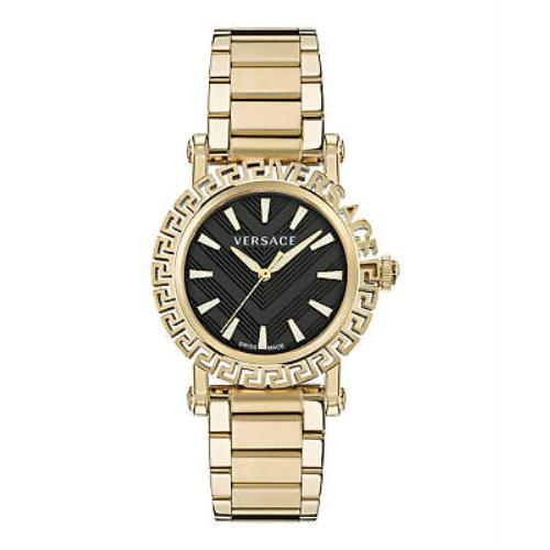 Versace Mens Greca Glam IP Yellow Gold 40mm Bracelet Fashion Watch - Dial: Black, Band: Gold, Bezel: Black