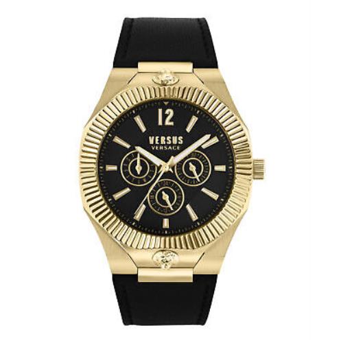 Versus Versace Mens Echo Park Multifunction Gold 42mm Strap Fashion Watch - Dial: Black, Band: Black, Bezel: Black