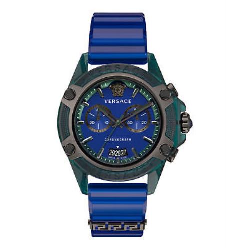 Versace Mens Icon Active Transparent Green 44mm Strap Fashion Watch - Dial: Blue, Band: Blue, Bezel: Blue
