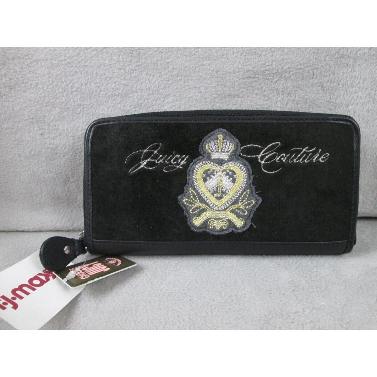 Vintage Juicy Couture Wallet Black Crown Patch Velour Zip Around Embroidery Y2K