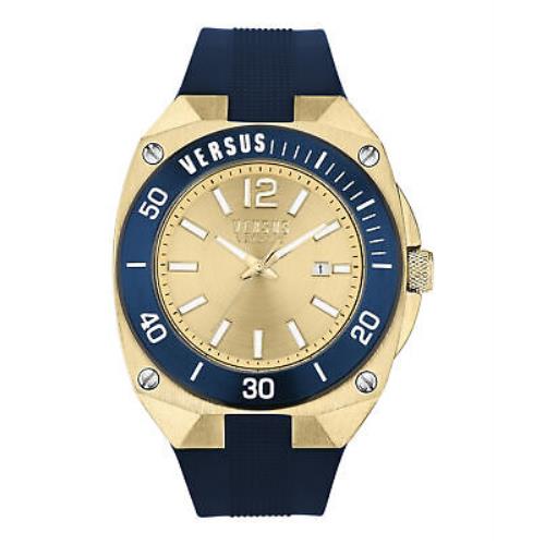 Versus Versace Mens Versus Reaction Gold 48mm Strap Fashion Watch - Dial: Gold, Band: Blue, Bezel: Gold