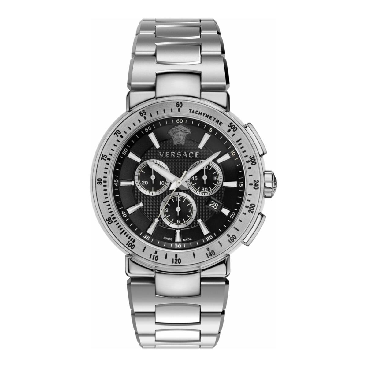 Versace Mens Mystique Chrono Stainless Steel 46mm Bracelet Fashion Watch - Dial: Black, Band: Silver