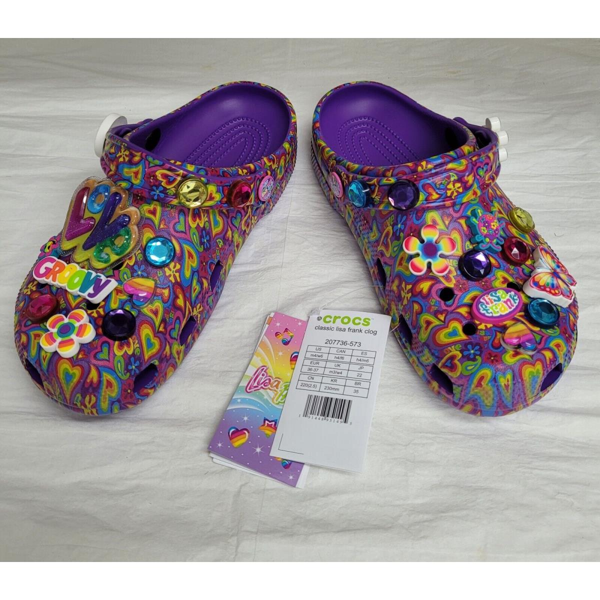 Lisa Frank Crocs Clogs Classic Neon Purple/multi W Charms Womens SZ 6