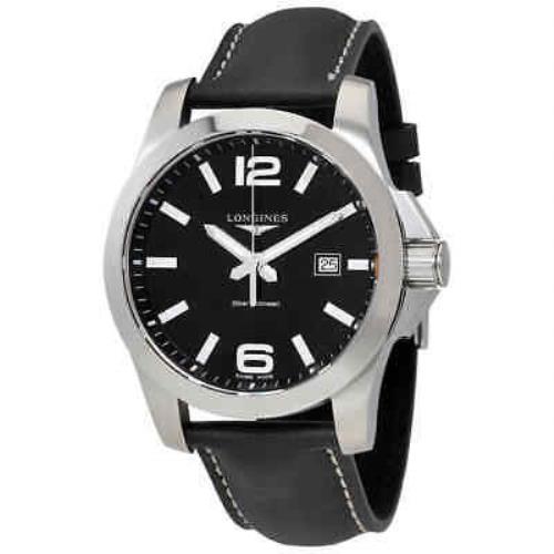 Longines Conquest Black Dial Black Leather Men`s 43mm Watch L37604563 - Dial: Black, Band: Black, Bezel: Silver