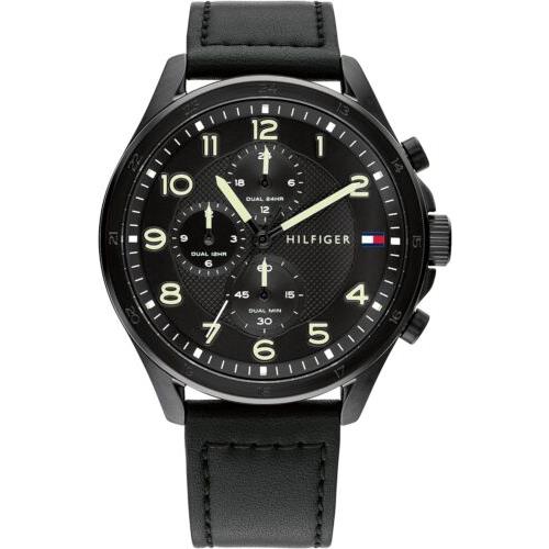 Tommy Hilfiger Men`s Axel Ionic Plated Steel Black Dial Calfskin Strap Watch