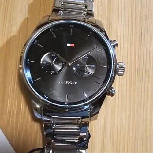 Tommy Hilfiger Sawyer Multifunction Watch with 45mm Black Face Silver Bracelet