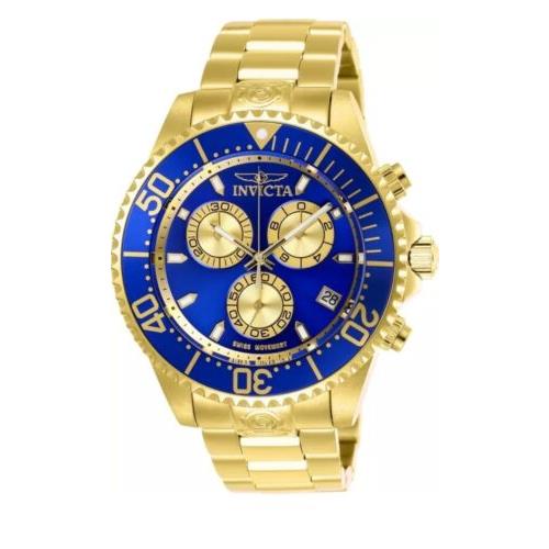 Invicta 26849 Swiss Eta G10 Pro Diver Men`s 47mm Chronograph Watch - Blue Dial, Gold Band, Blue Bezel Ring