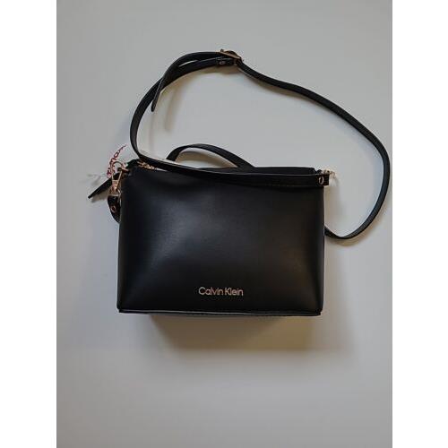 Calvin Klein Small Black Leather Cross-body Handbag with Gold Clasp Strap