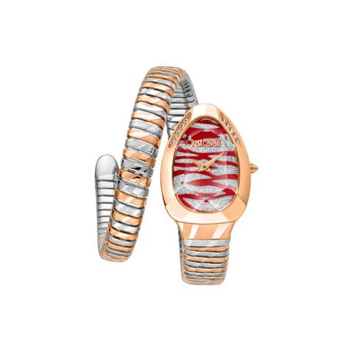 Just Cavalli Women`s JC1L225M0105 Signature Snake 22mm Quartz Watch - Dial: Red, Band: Silver Tone, Other Dial: Red