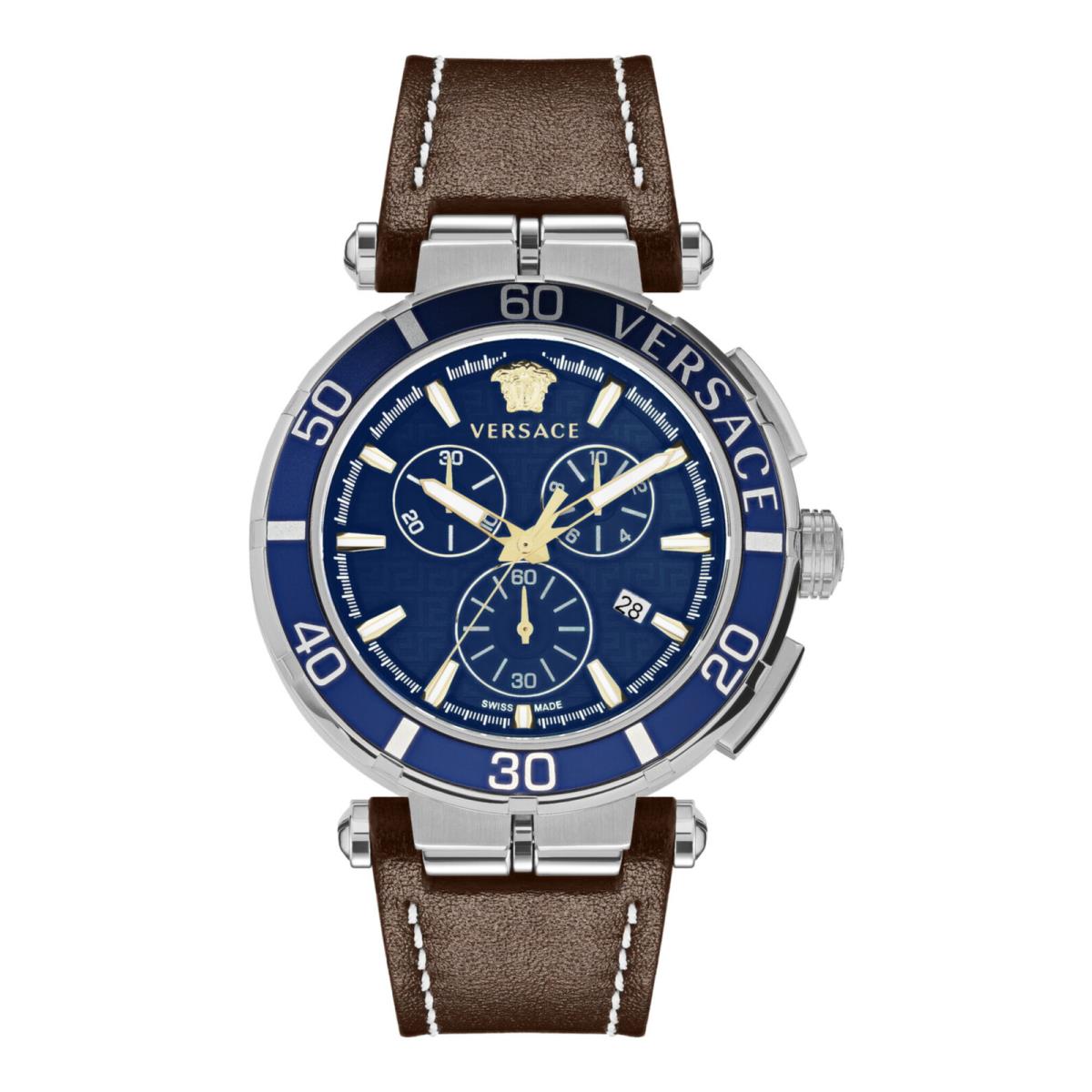 Versace Mens Greca Chrono Stainless Steel 45mm Strap Fashion Watch - Dial: Blue, Band: Brown