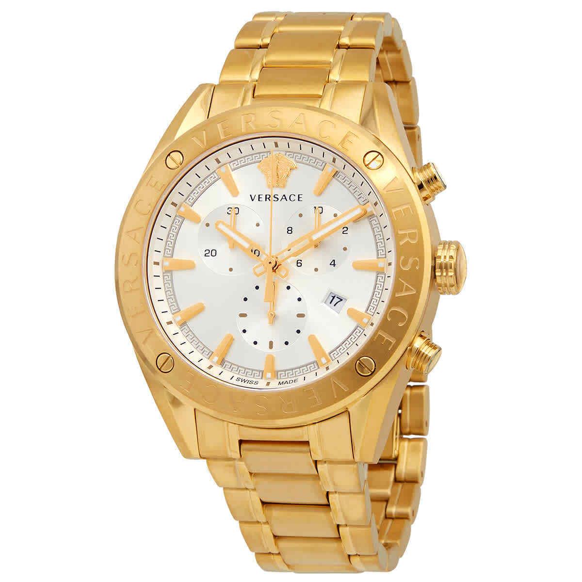 Versace V-chrono Chronograph Quartz White Dial Men`s Watch VEHB00719 - Dial: White (Greca Pattern), Band: Gold-plated, Bezel: Gold-plated