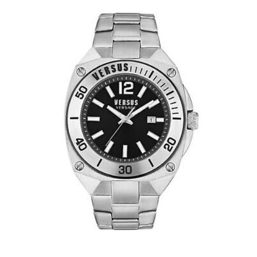 Versus Versace Mens Versus Reaction Stainless Steel 48mm Bracelet Fashion Watch - Dial: Black, Band: Silver, Bezel: Black